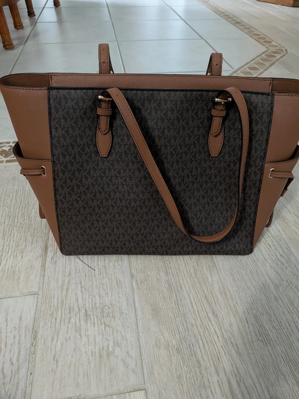 Michael Kors Brown and Dark Brown MK Logo Tote Shoulder Bag